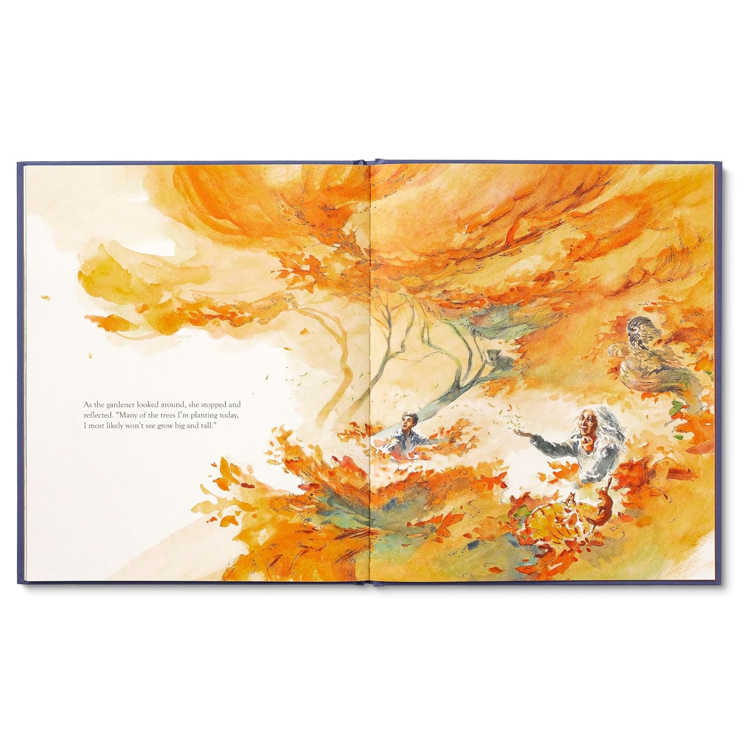 Illustrated book page with abstract orange and yellow