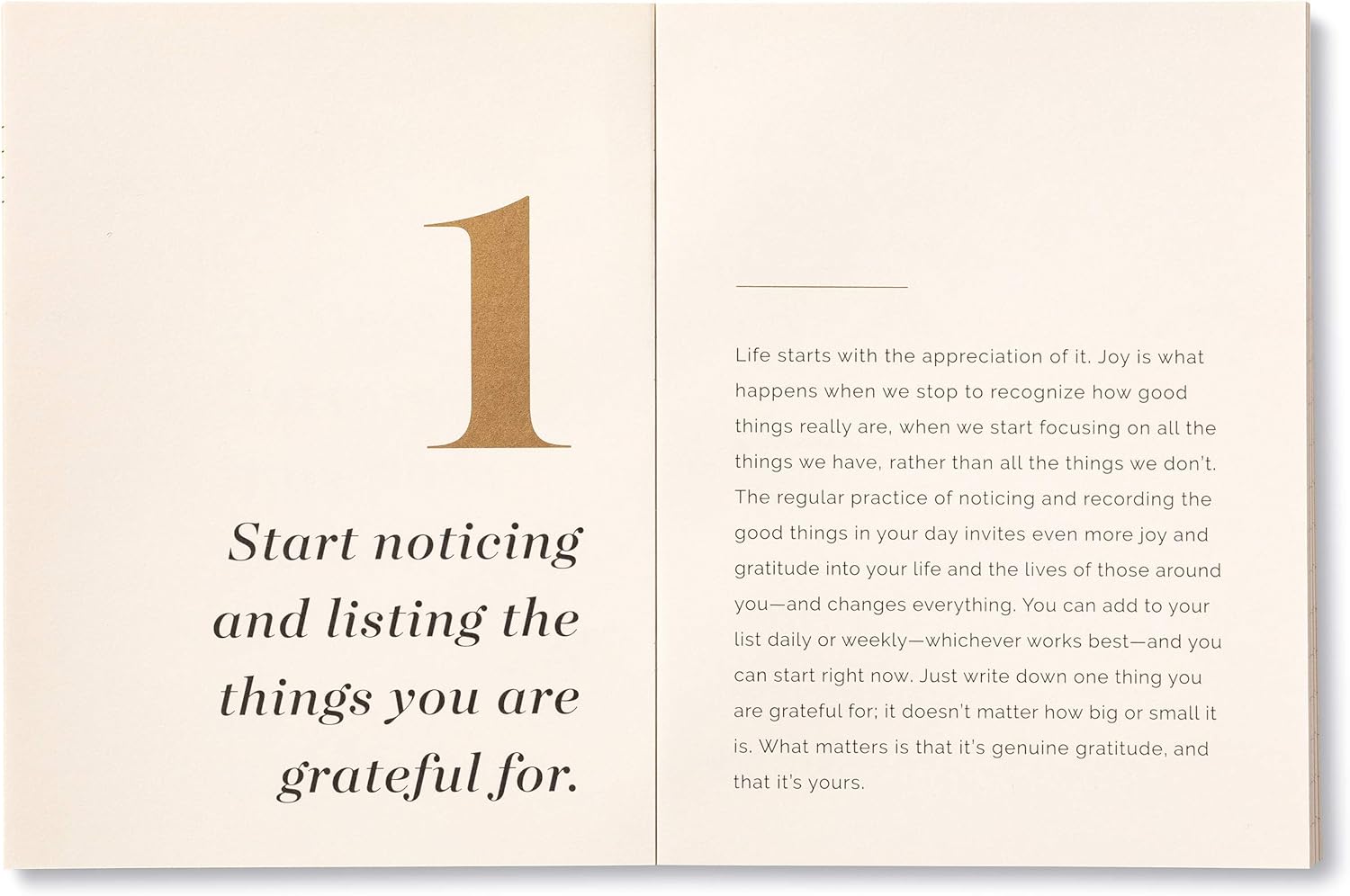 Open book with a page featuring a quote about gratitude and mindfulness.