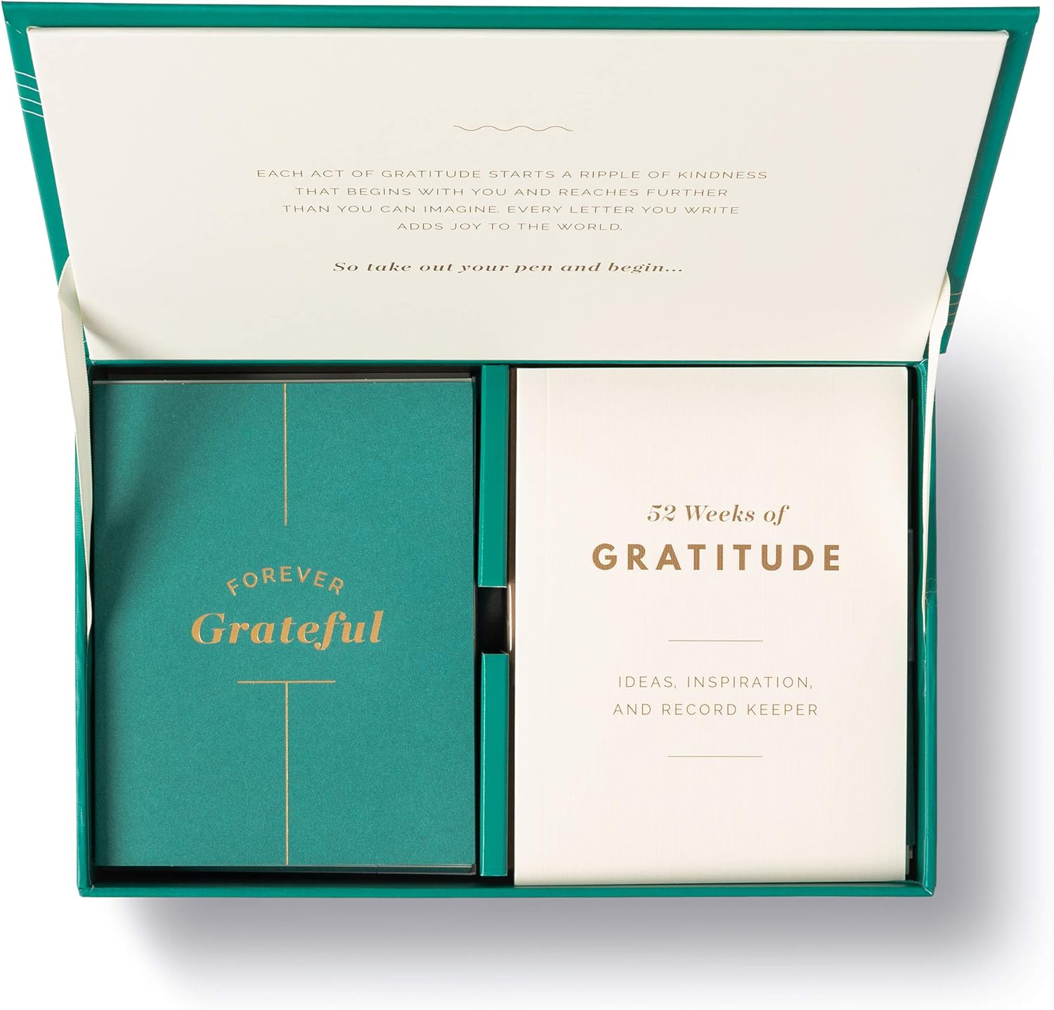 Open box containing a gratitude journal and pen with text