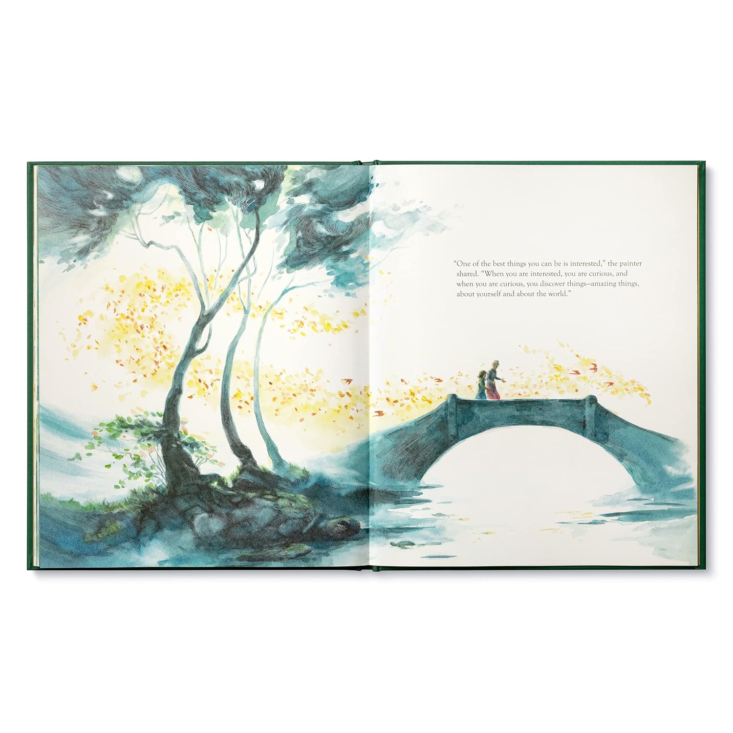 Open book with artistic illustration of a bridge over water and trees, with text