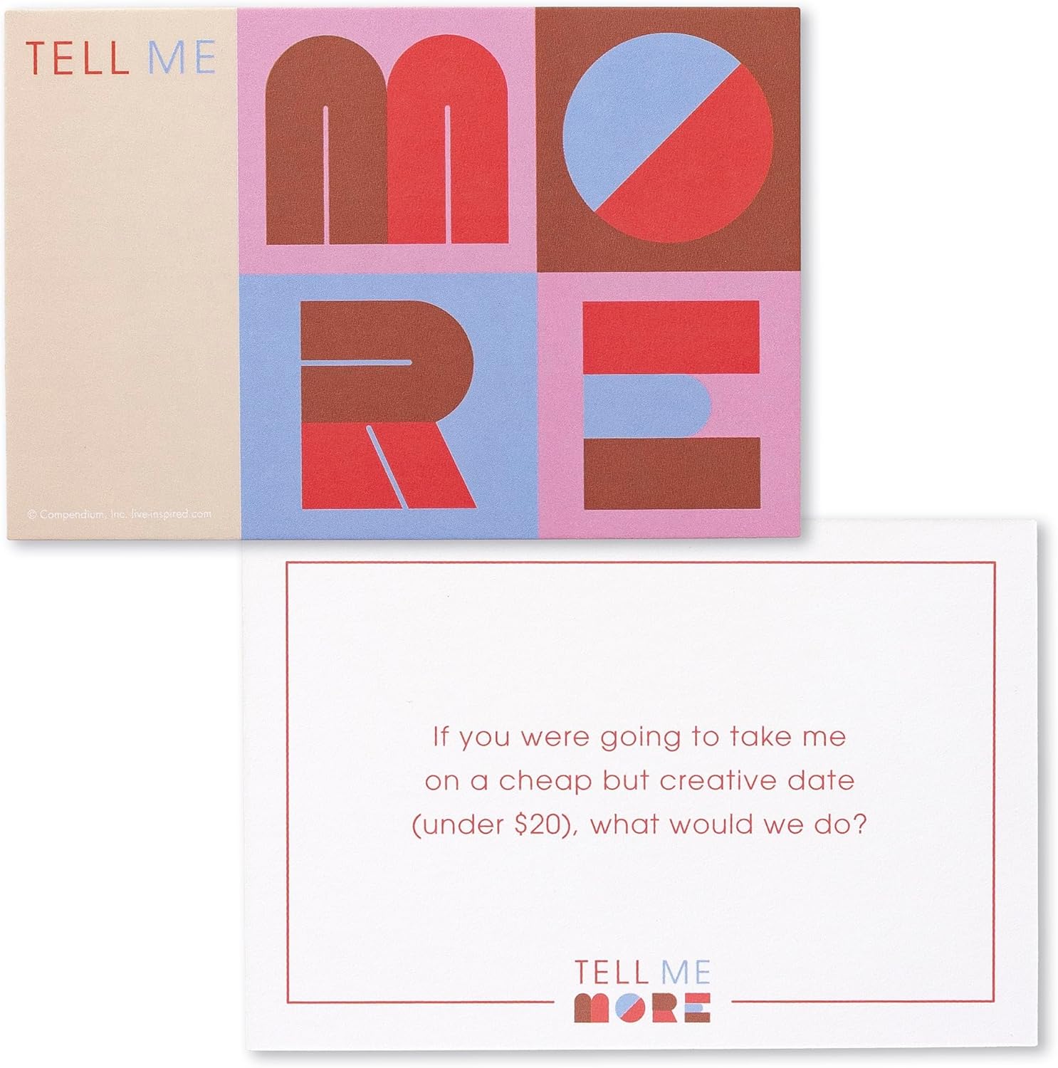 Colorful card with 'Tell Me More' design and a white card with text below.