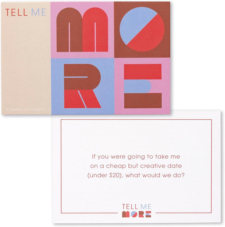 Colorful card with 'Tell Me More' design and a white card with text below.