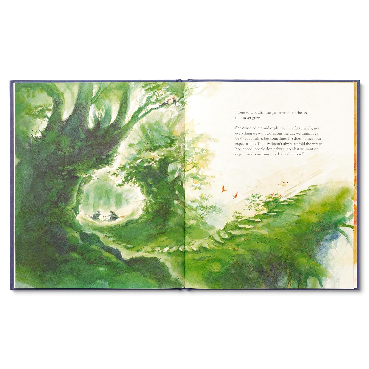 Open book with green nature-themed illustration