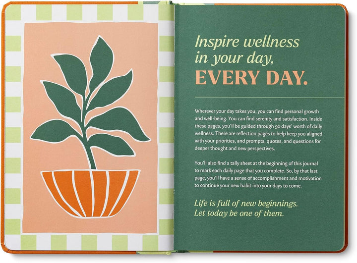 Open book with a plant illustration on a peach page and text