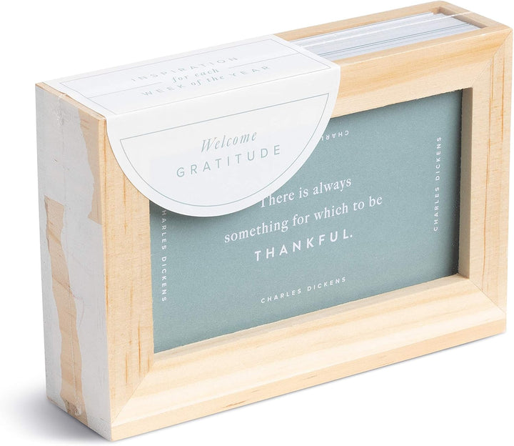 Box of gratitude cards with a wooden frame