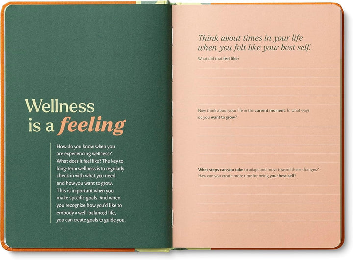Open book with wellness-themed text on green