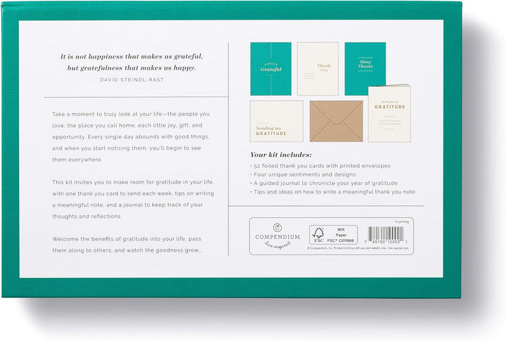 Packaging of a gratitude kit with text and product images