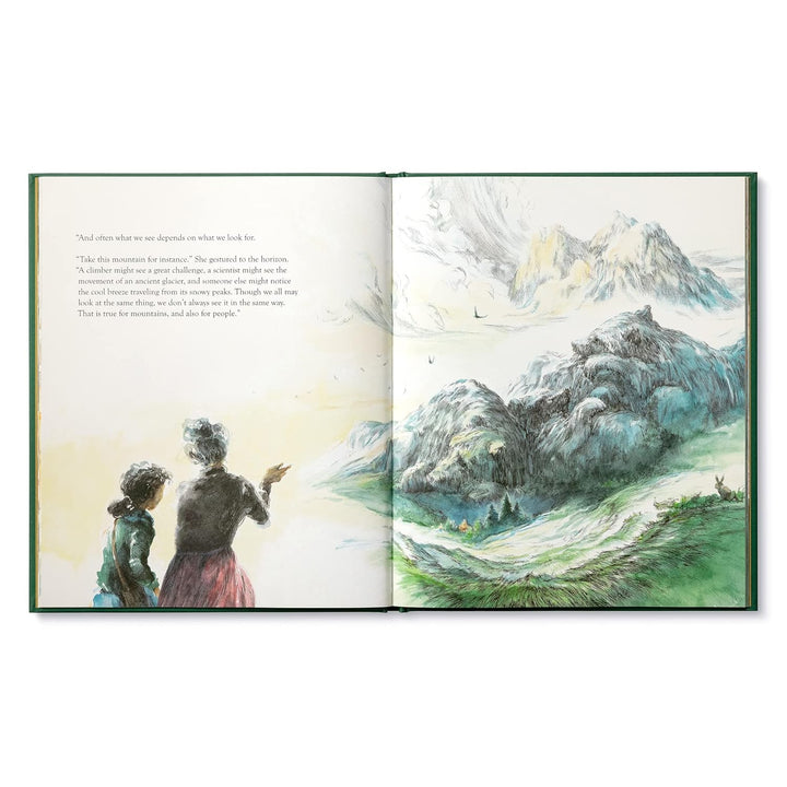 Open book with illustrations of two people looking at mountains