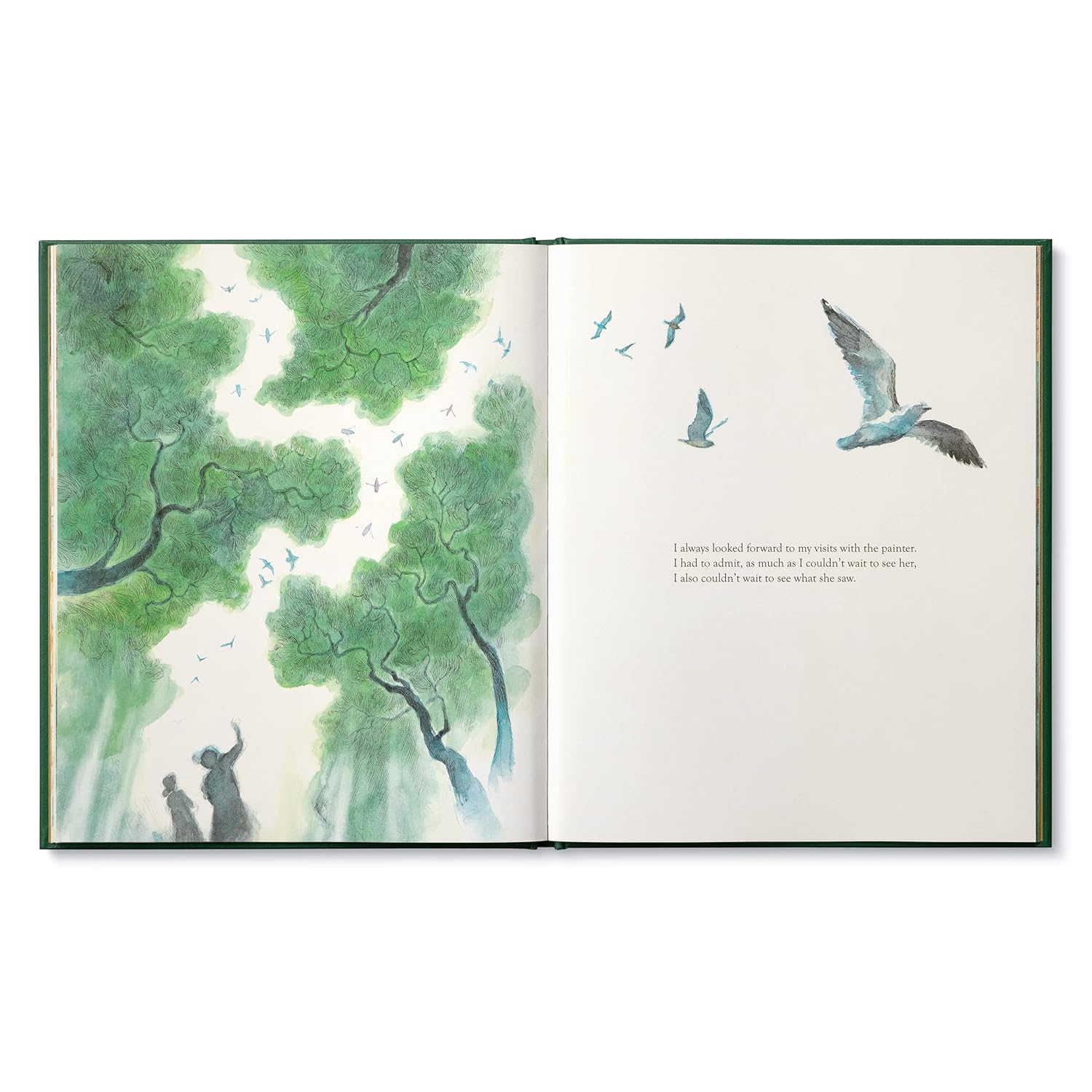 Open book with illustrations of trees and birds