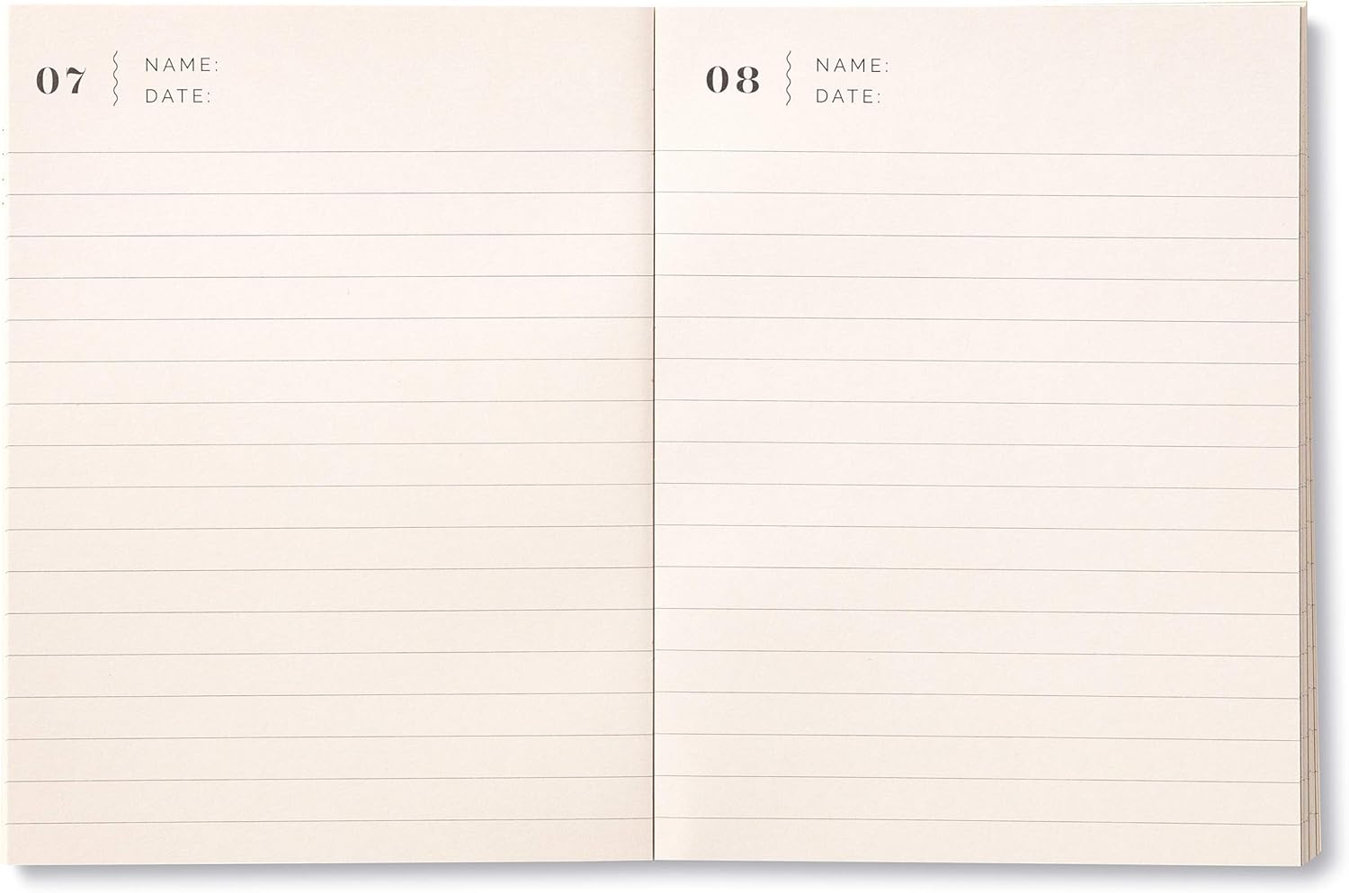 Two pages of a notebook with lined paper and small text boxes for 'Name' and 'Date'.