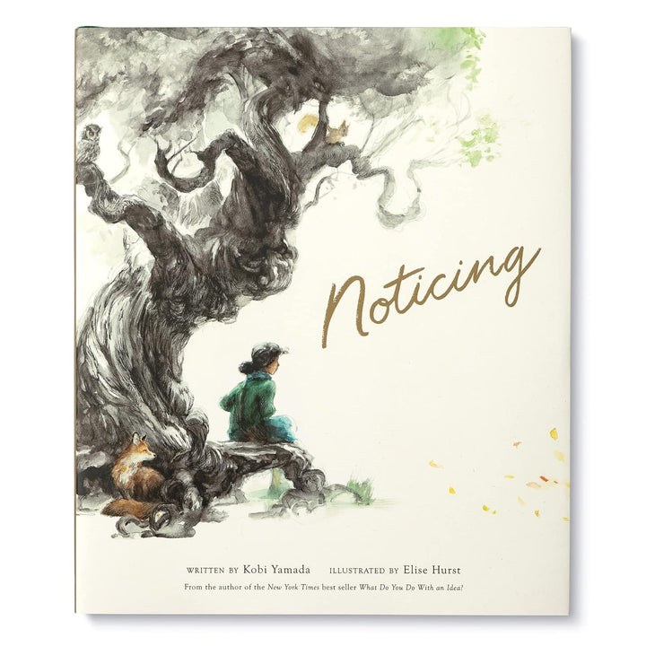 Book cover of 'Noticing' with a person sitting under a tree