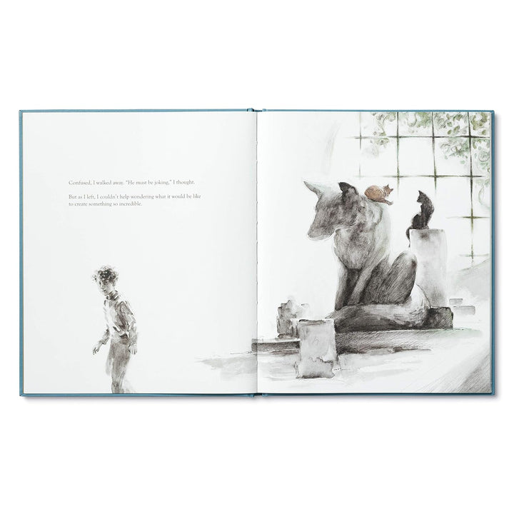 Illustrated book open to a page with a scene of a person and a creature by a window.