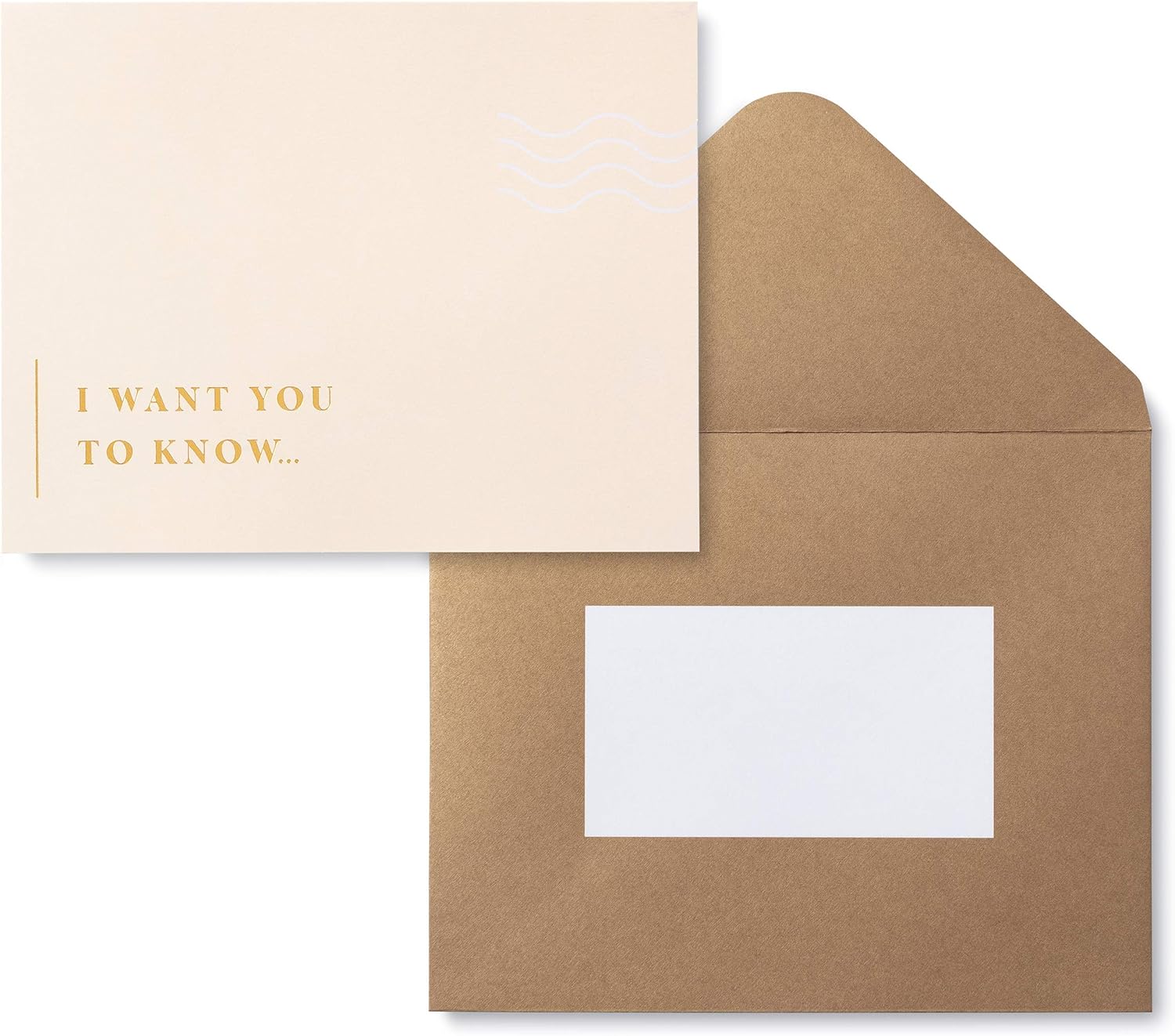 Beige card with 'I WANT YOU TO KNOW...' text inside a brown envelope.