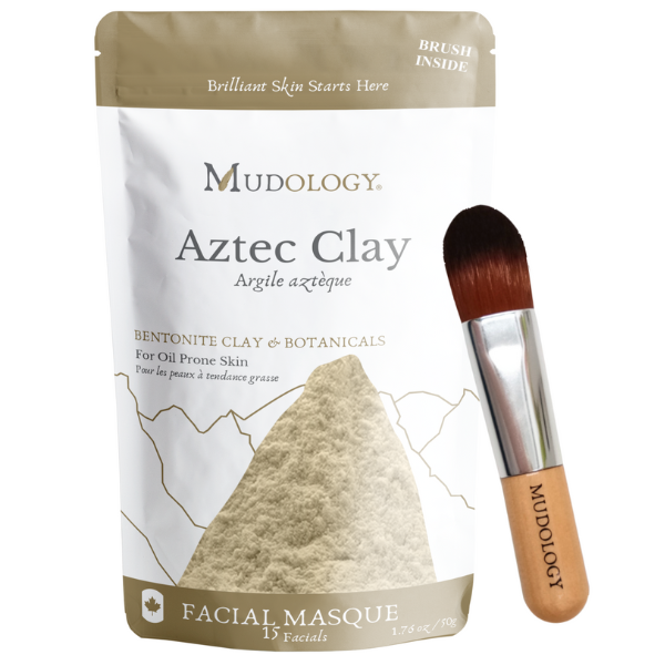 Mudology Aztec Clay facial mask package with a brush