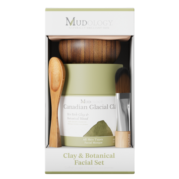 Mudology facial set with jar, brush, and wooden spoon