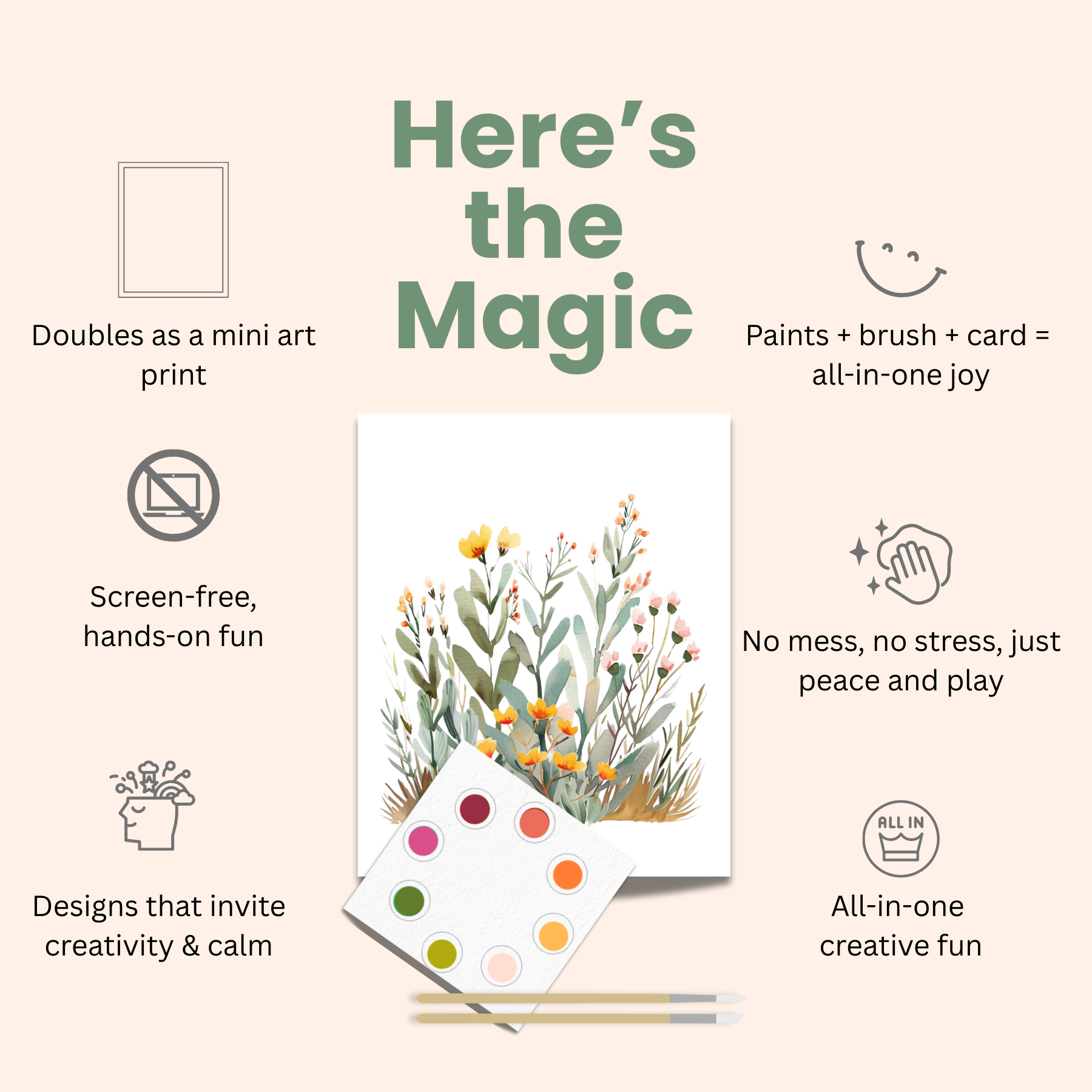 Product packaging with a card featuring a floral design, paint palette, and brush