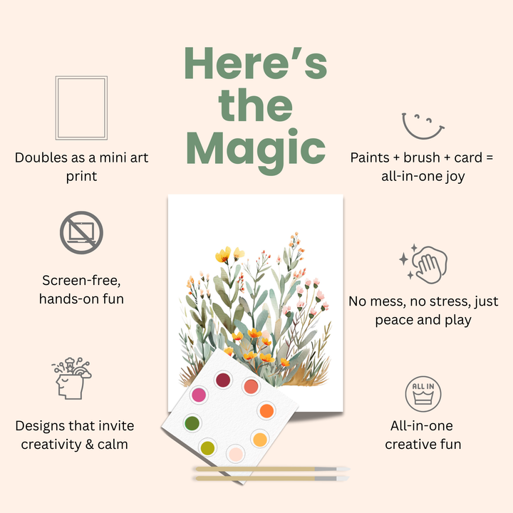 Product packaging with a card featuring a floral design, paint palette, and brush