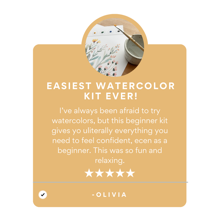 Product packaging for a watercolor kit with a customer review