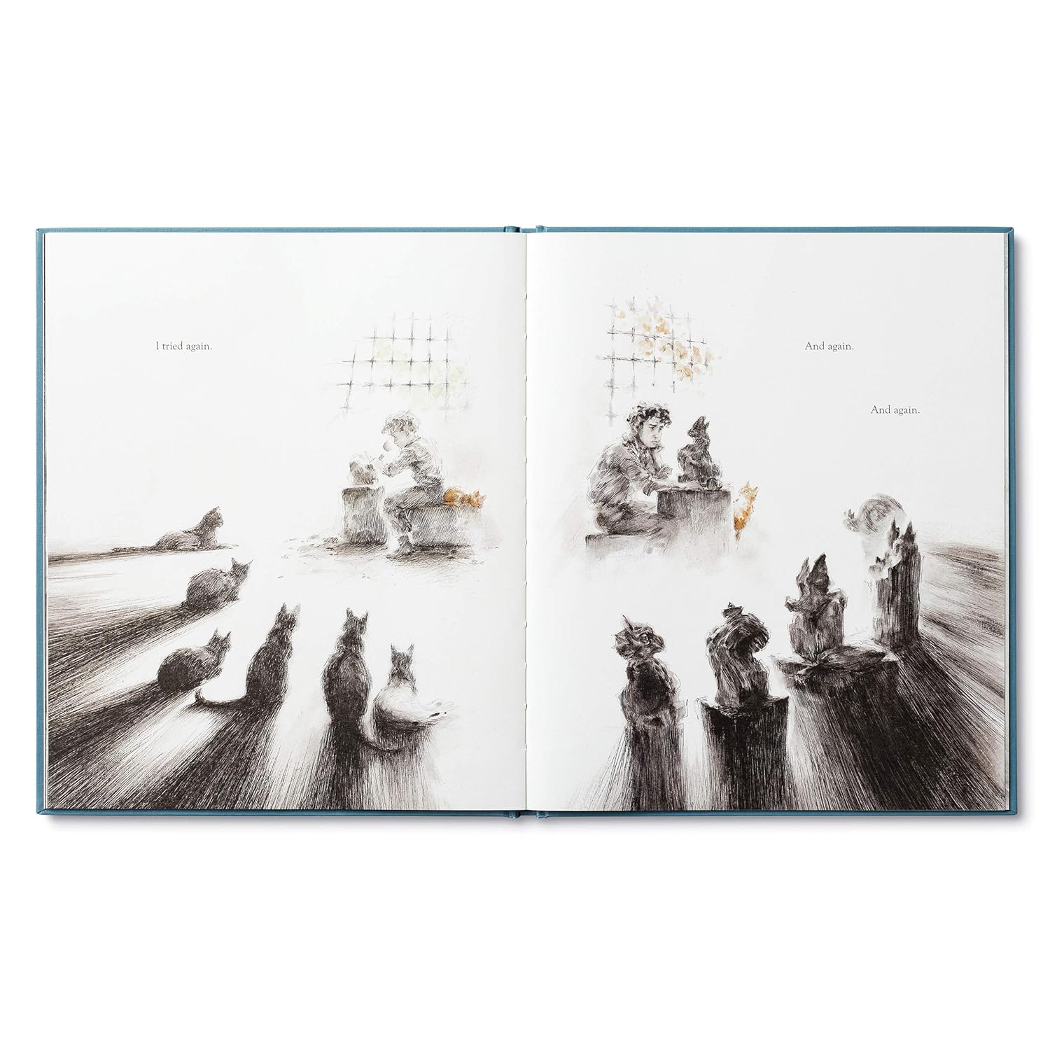 Open book with black and white illustrations of people and abstract shapes