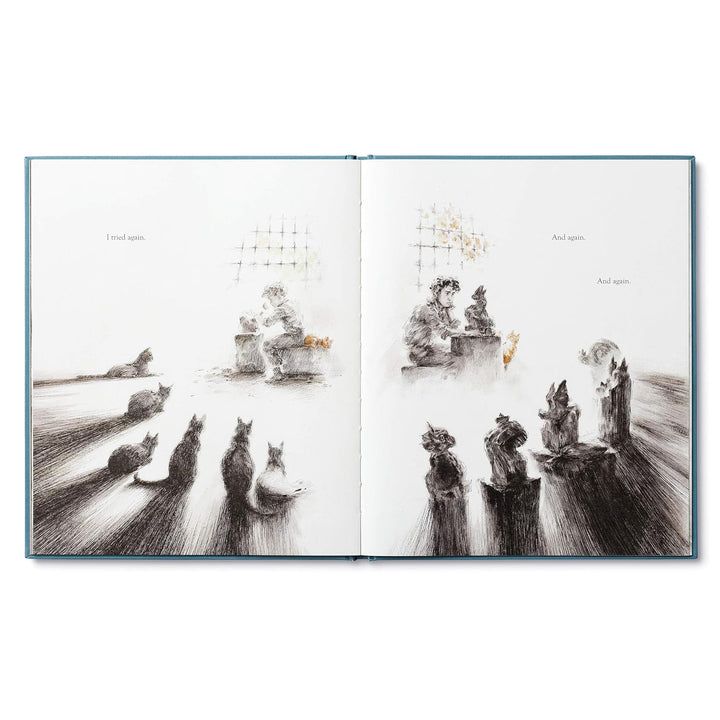 Open book with black and white illustrations of people and abstract shapes