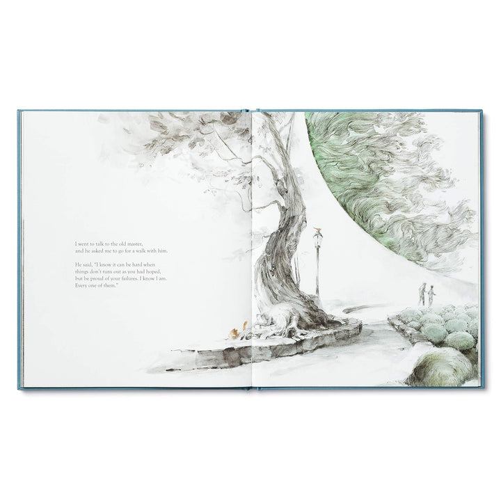 Open book showing a snowy landscape illustration with a tree and path.