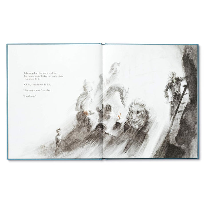 Open book with black and white illustrations of people walking