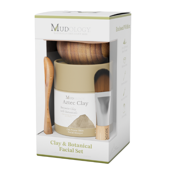 Mudology facial set packaging with jar, brush, and spoon