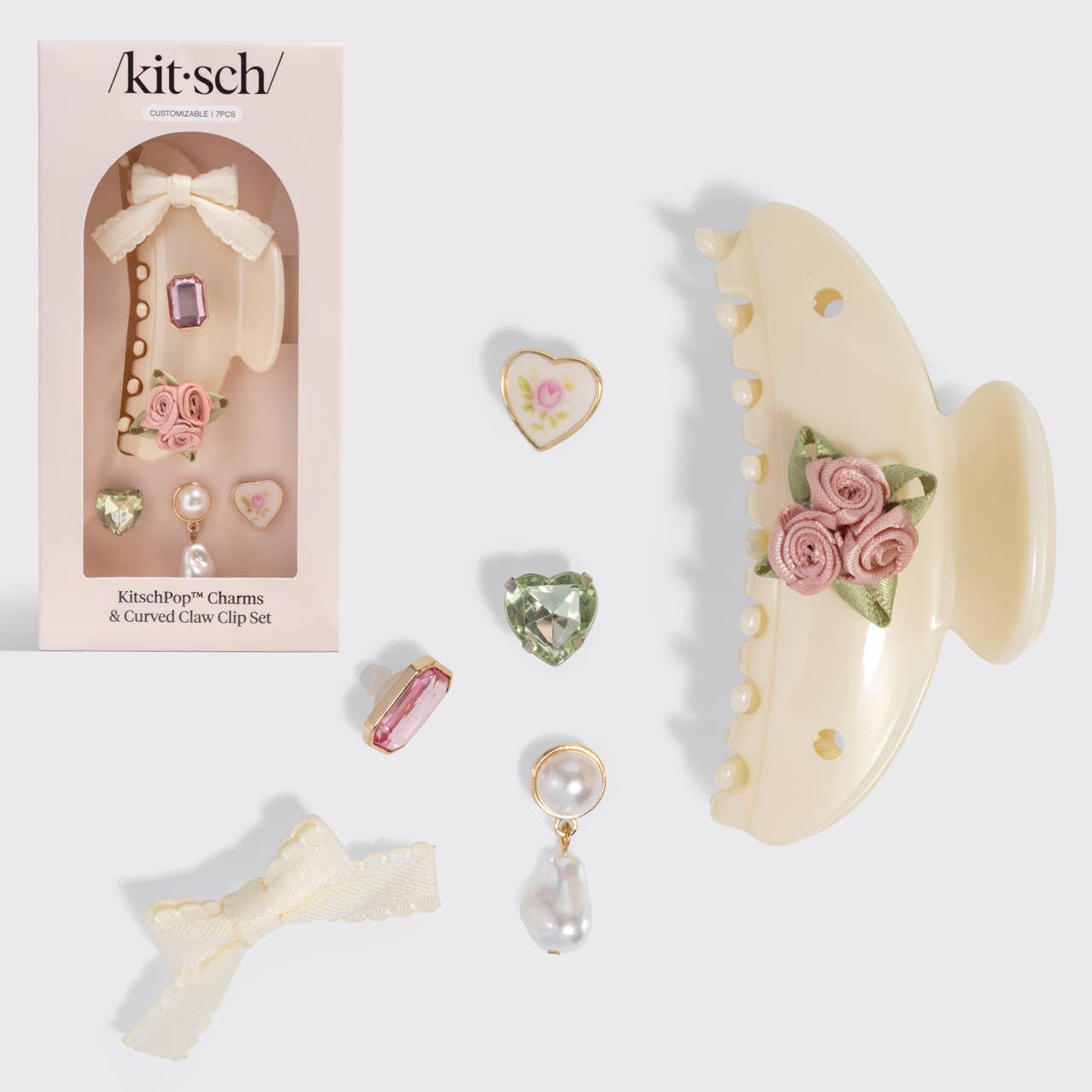 KitschPop™ Charms & Curved Claw Clip Set | Pearlized Cream | 7pcs