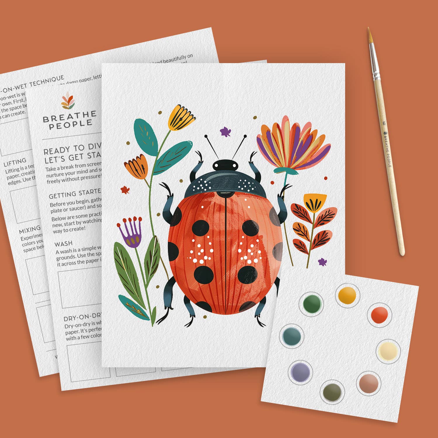 Coloring book page with a ladybug and flowers