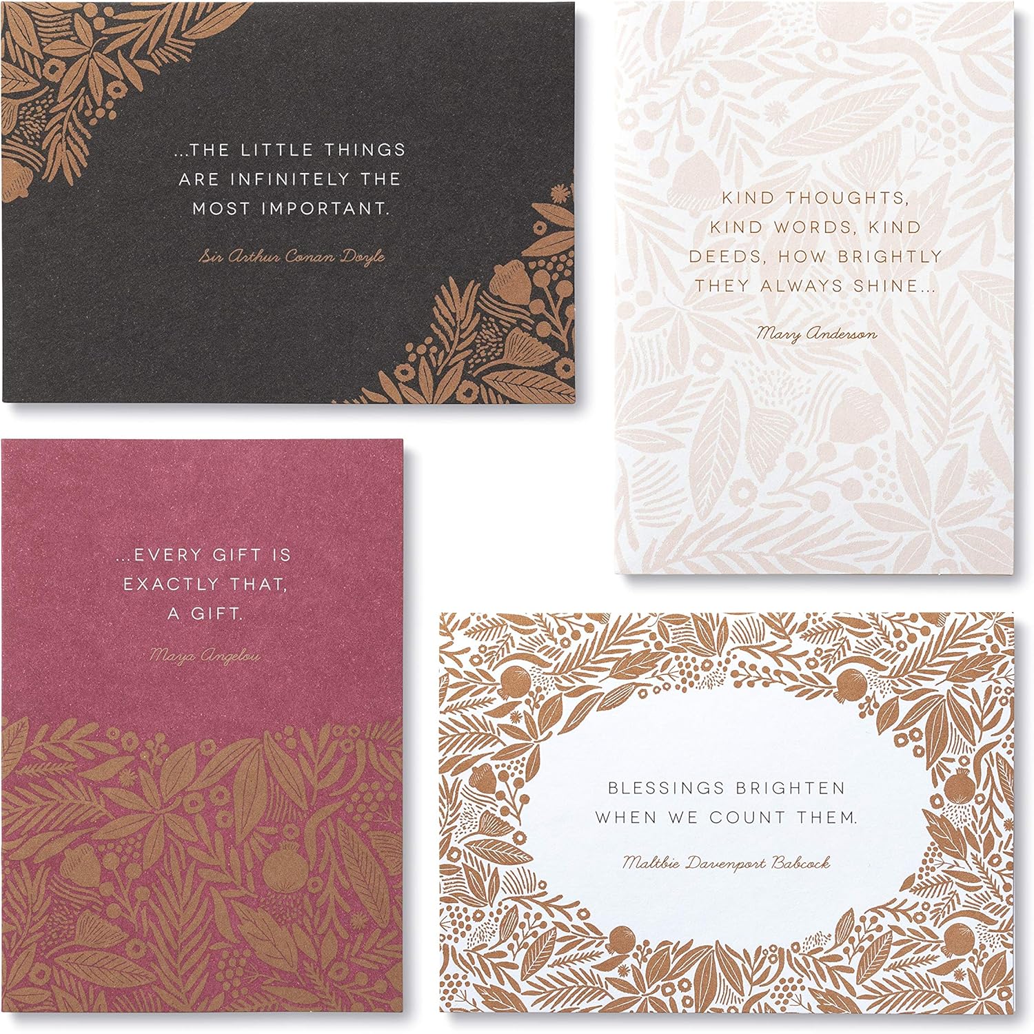 Four decorative cards with floral patterns and inspirational quotes