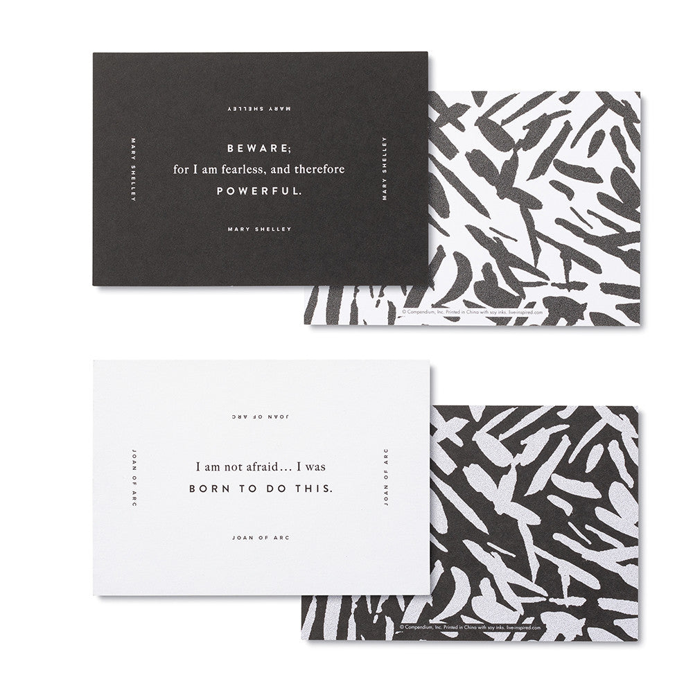 Set of four black and white cards with motivational quotes and abstract patterns.