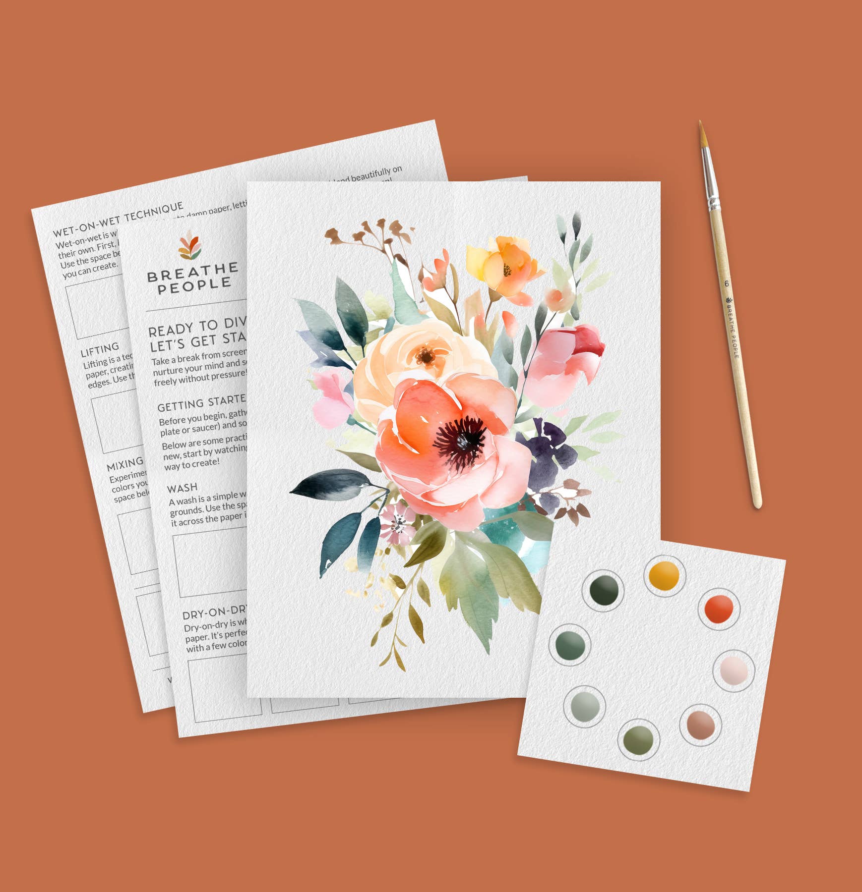 Floral art print with paint swatches and a brush on a brown background