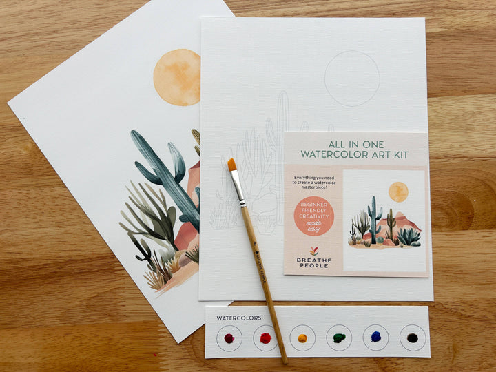 Watercolor art kit with paintbrush and printed materials