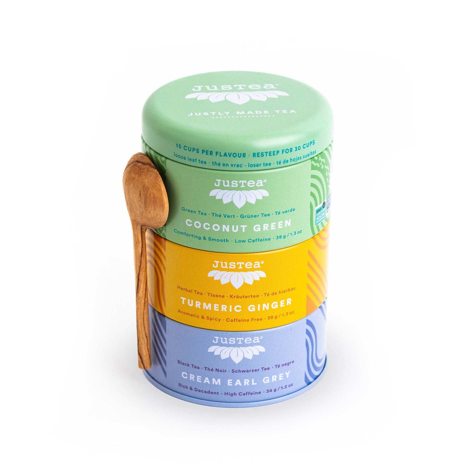 JusTea (No Import Fees to USA) - Assorted Trio Tin & Spoon - Organic Black, Green, Herbal Tea