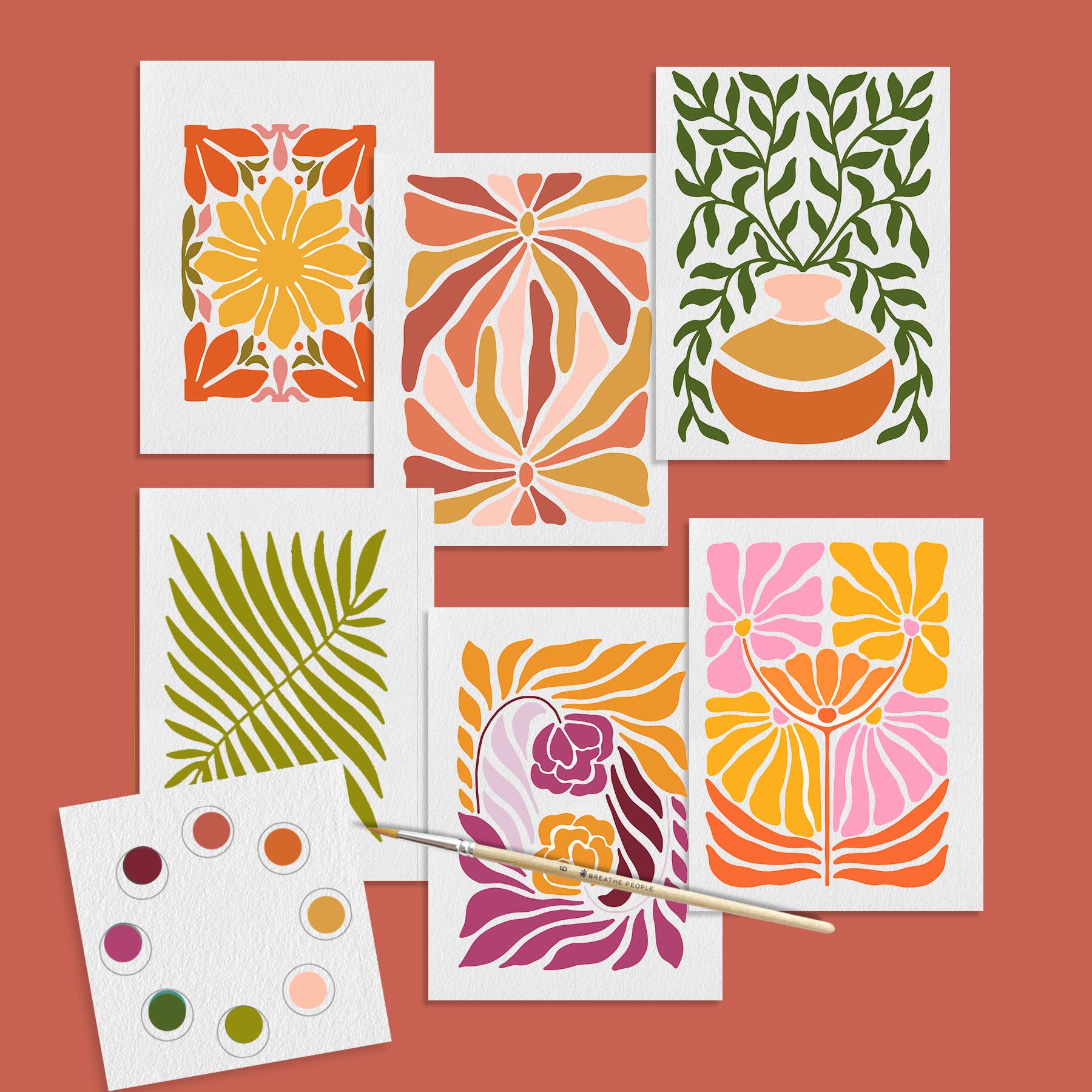 Set of floral and nature-themed stencils on a red background