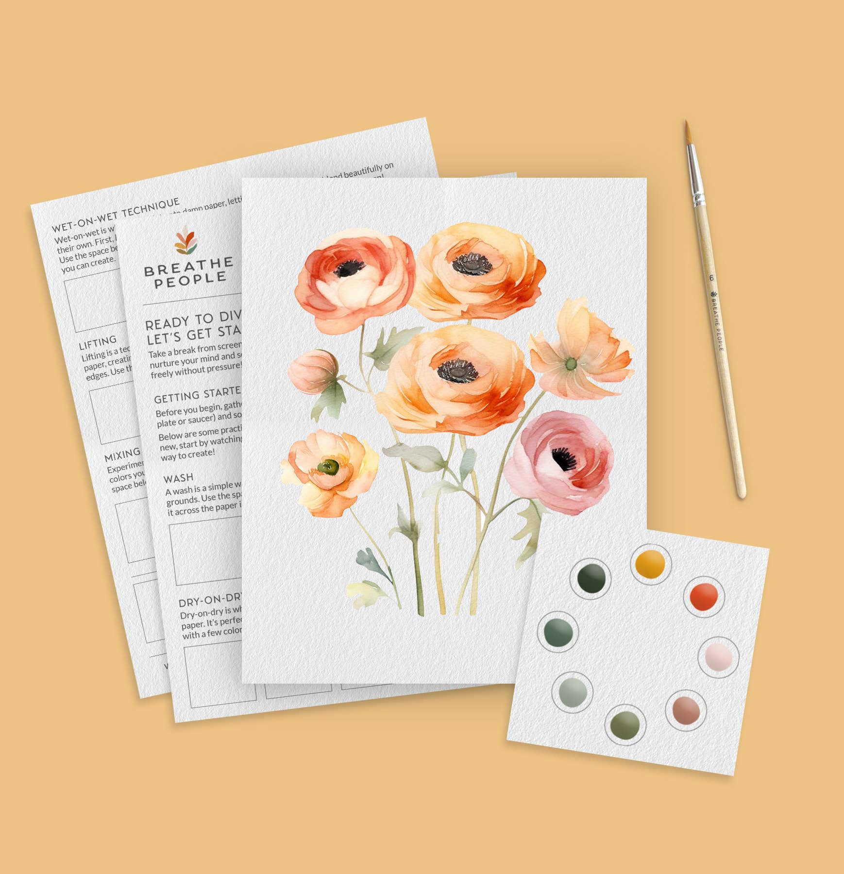 Floral art print with watercolor swatches and a paintbrush