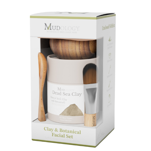 Mudology facial set packaging with a jar, brush, and other tools