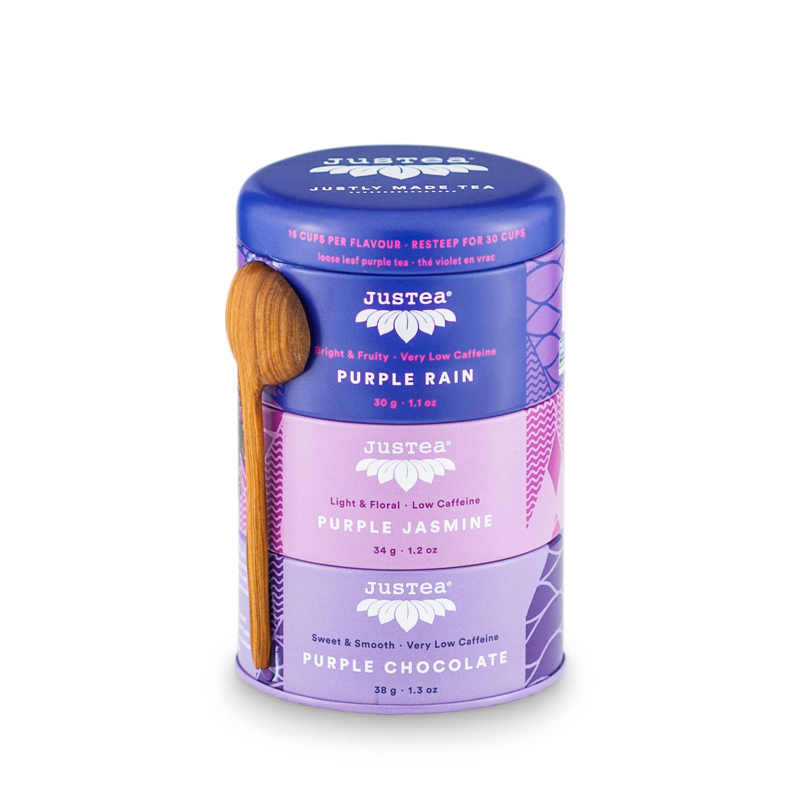 JusTea (No Import Fees to USA) - Purple Tea Trio Tin & Spoon - Organic, Fair-Trade Tea Gift