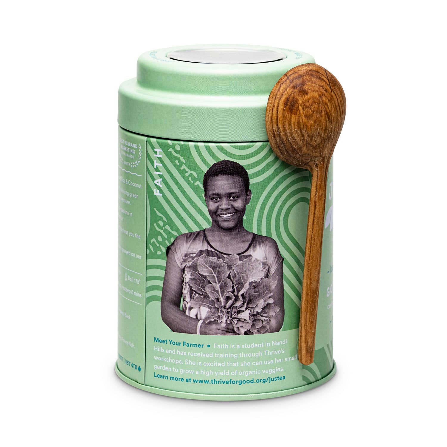 JusTea (No Import Fees to USA) - Coconut Green Tin & Spoon - Organic, Fair-Trade, Green Tea