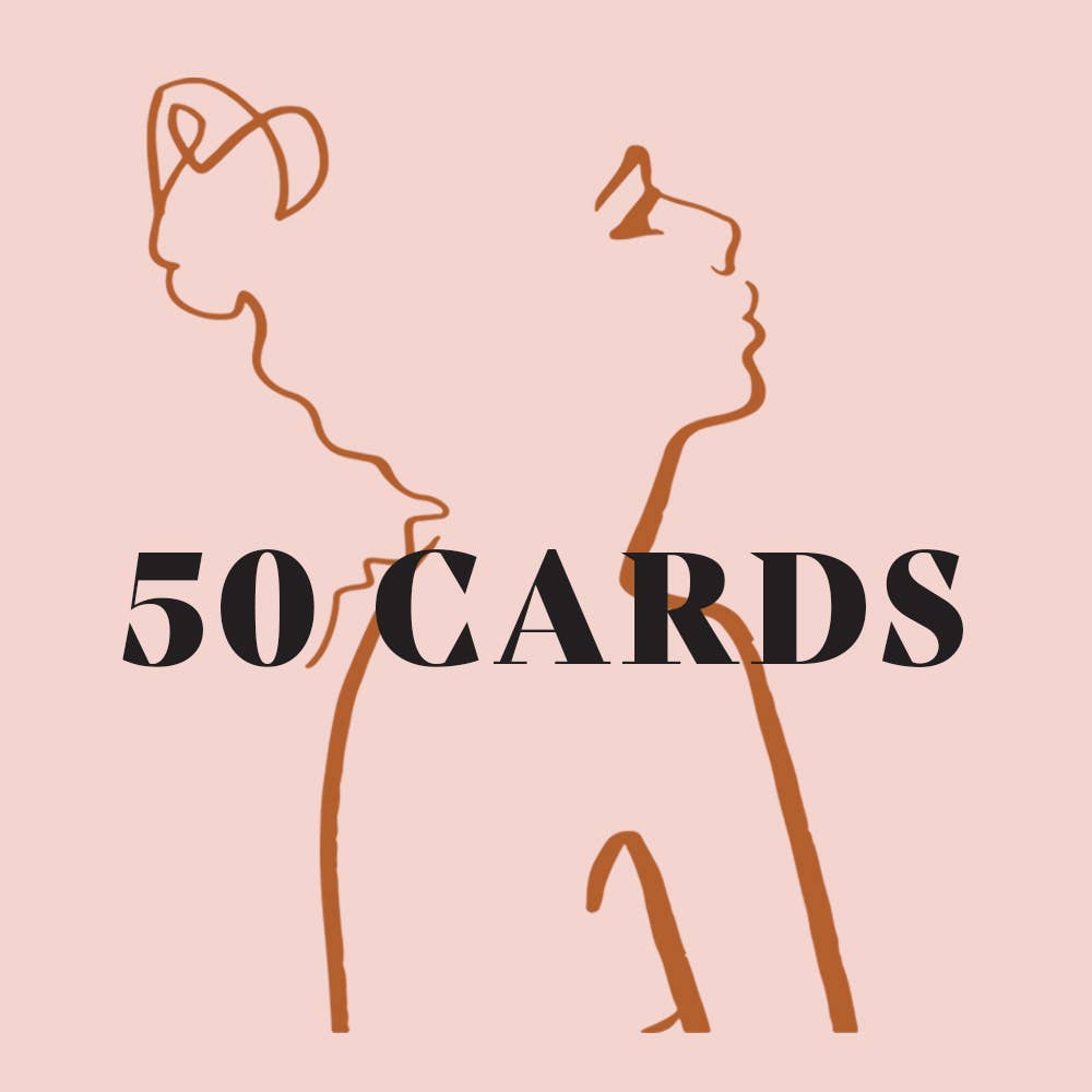 Outline of a person on a pink background with '50 Cards' text