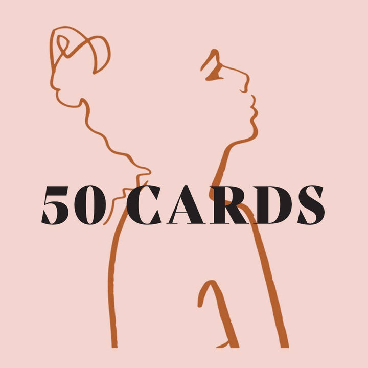 Outline of a person on a pink background with '50 Cards' text