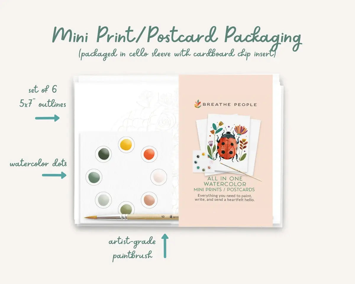 Packaging of mini prints/postcards with watercolor dots, paintbrush, and cardstock sleeve.