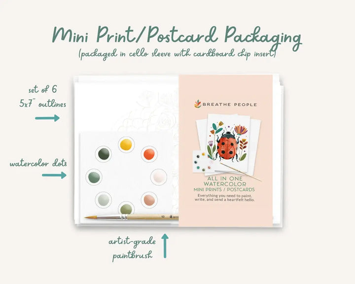 Packaging of mini prints/postcards with watercolor dots, paintbrush, and cardstock sleeve.