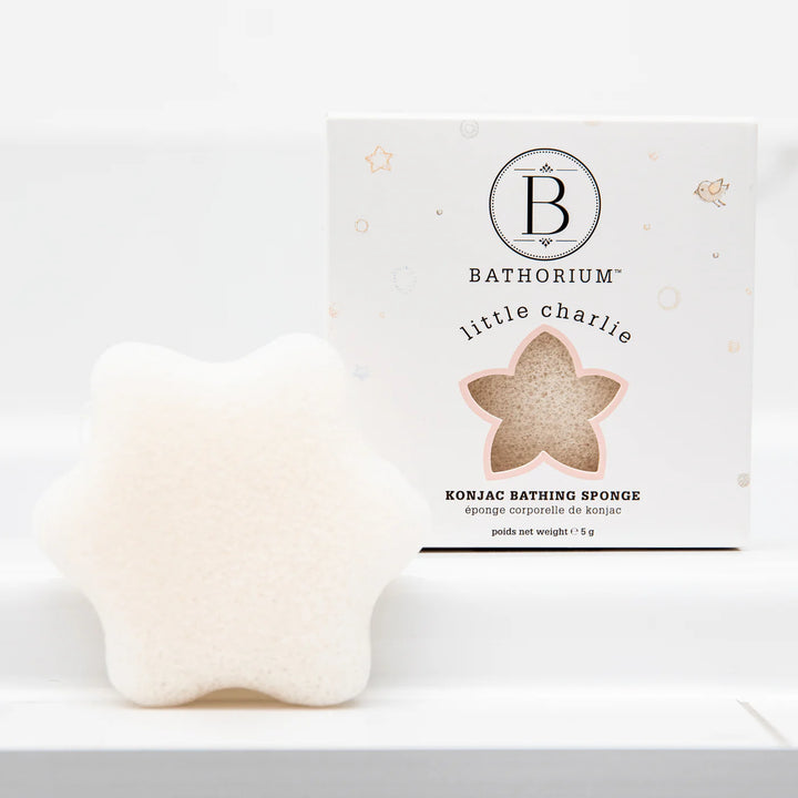 Konjac bathing sponge with packaging labeled 'Bathorium Little Charlie'
