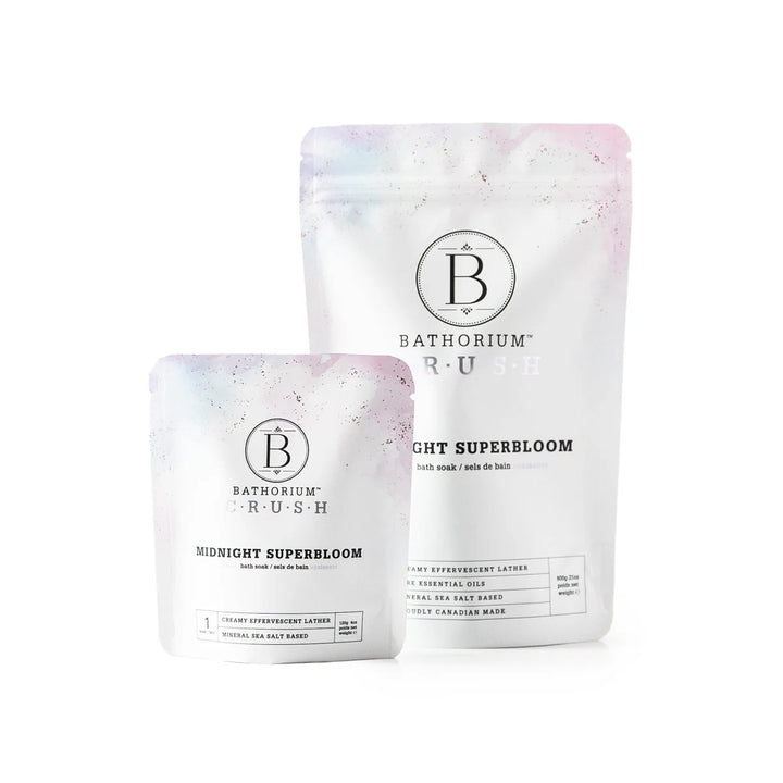 Two packages of Bathorium bath soaks on a white background