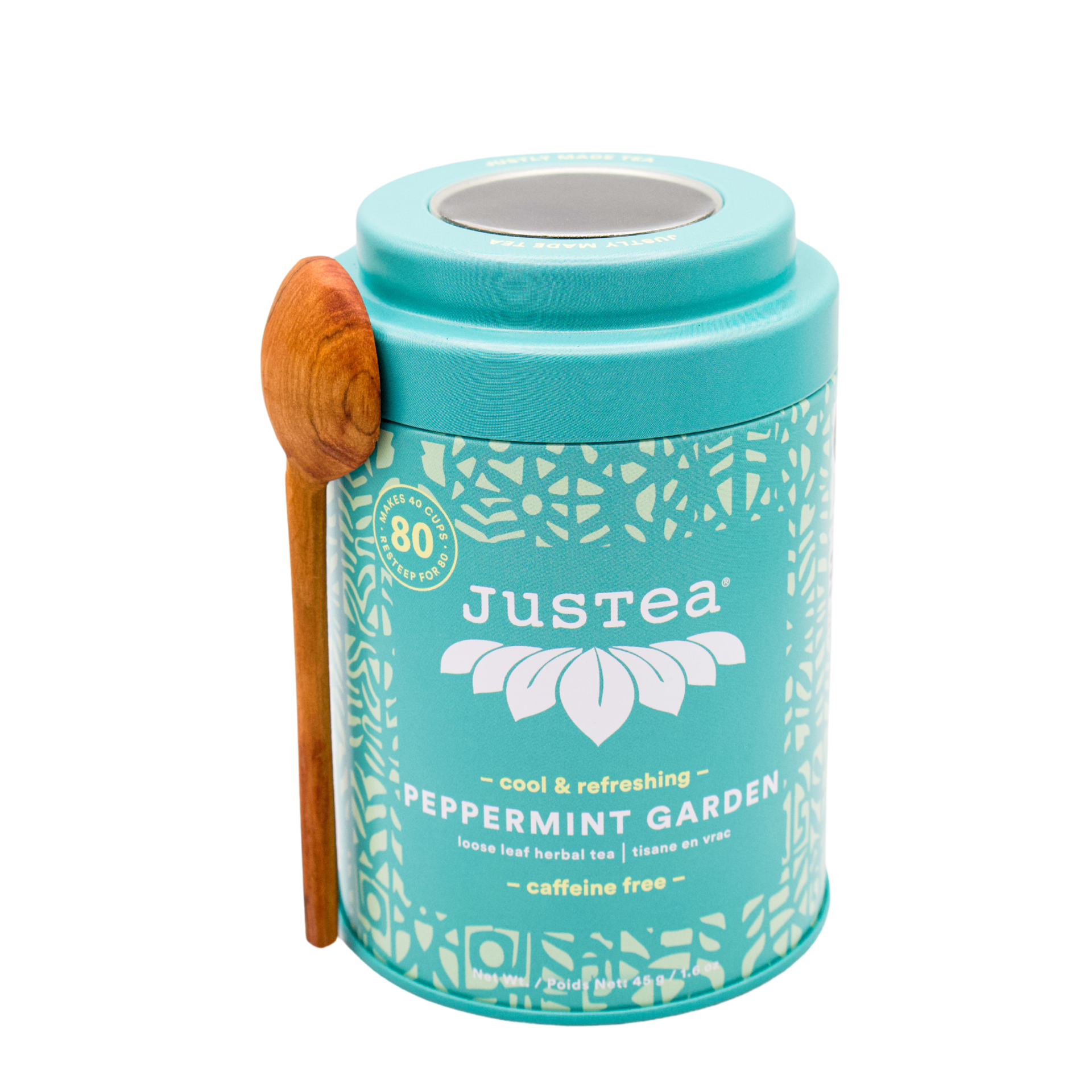 JusTea (No Import Fees to USA) - Peppermint Garden Tin & Spoon- Organic Fair-Trade Herbal Tea
