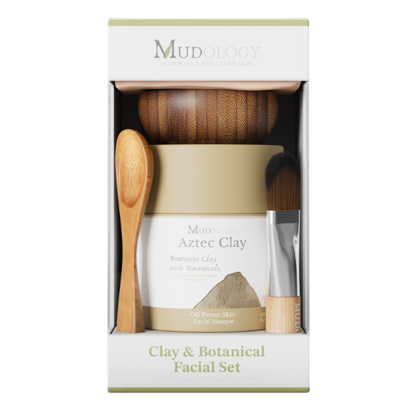 Mud Aztec Clay facial set with wooden spoon and brush in Mudology packaging