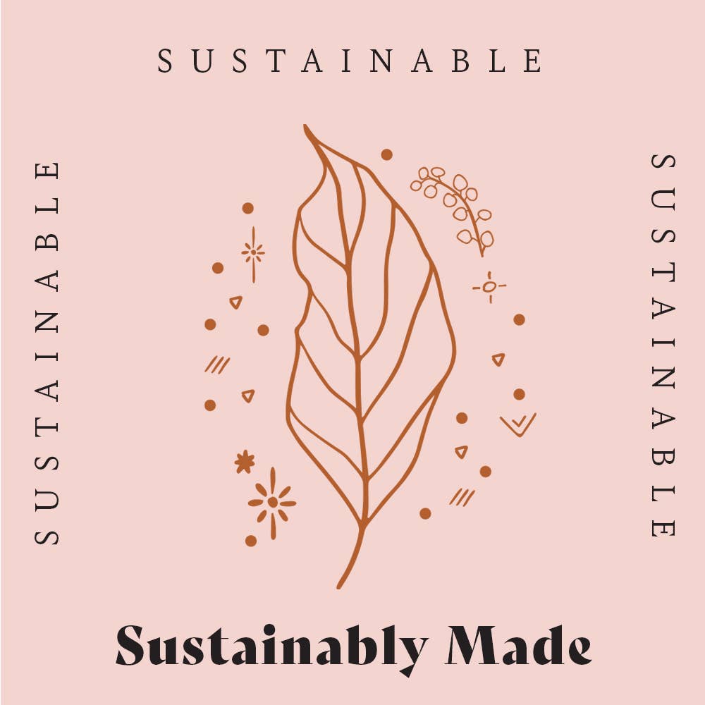 Pink background with a leaf design and 'Sustainably Made'