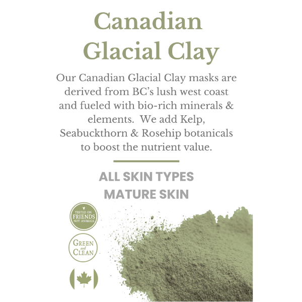 Canadian Glacial Clay product description with text and green clay powder