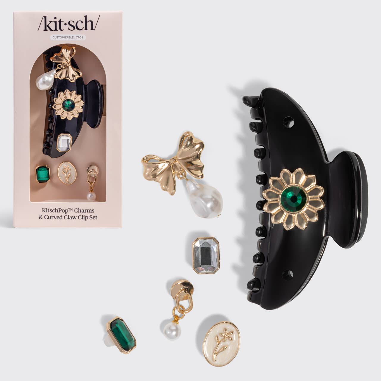 KitschPop™ Charms & Curved Claw Clip Set | Vintage Black | 7pcs